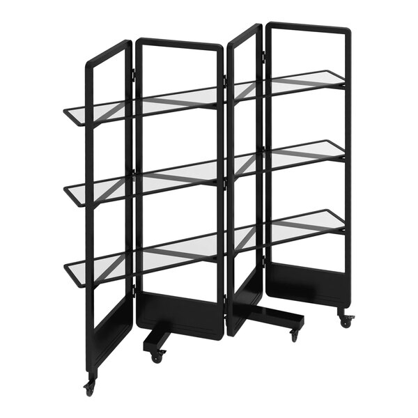 A black metal Bon Chef back bar display with glass shelves.