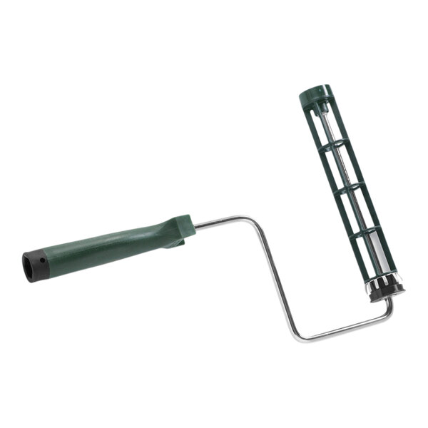 A green and black Wooster paint roller with a handle.