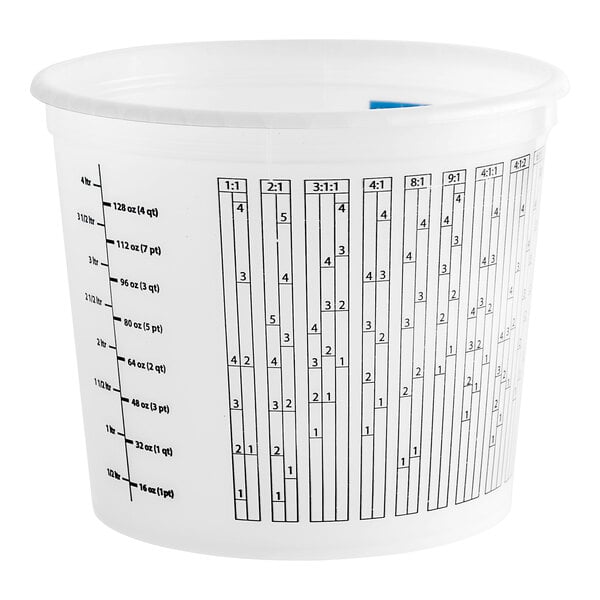 A white plastic Midwest Rake mixing container with black and white measuring lines.