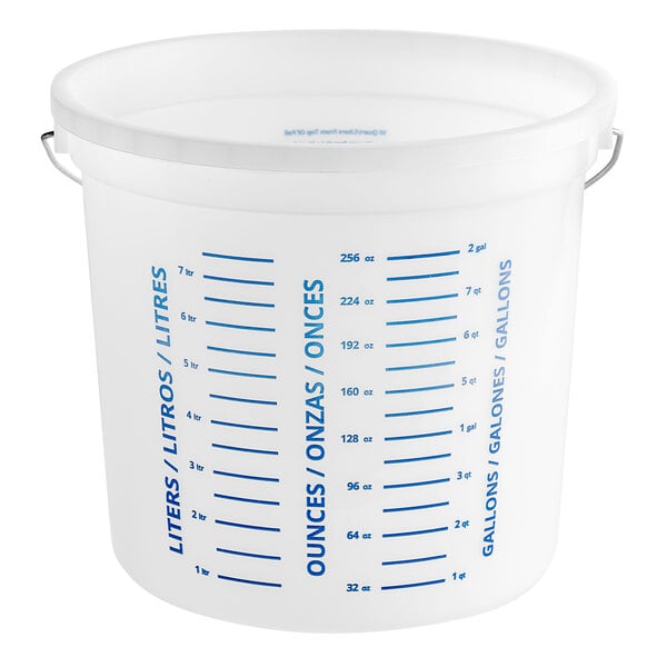 A white plastic Midwest Rake mixing container with blue measurements.