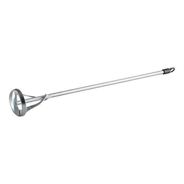 A long silver metal ribbon-style paint mixer with a round red handle.