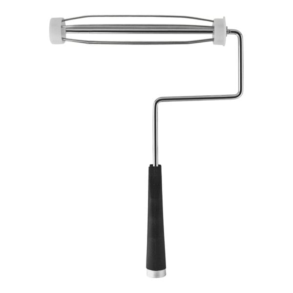 A Wooster heavy-duty paint roller frame with a black handle and a metal bar.