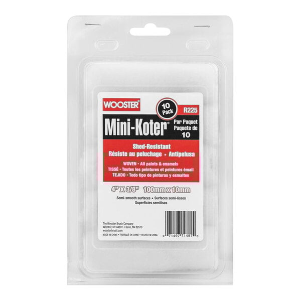 A package of small white and red Wooster Mini-Koter roller covers.
