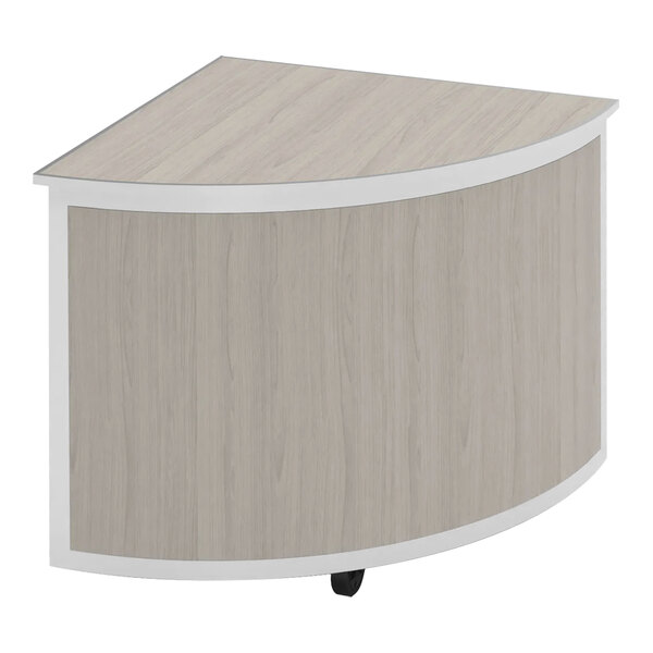 A white and gray corner table with a wooden top and silver aluminum frame.