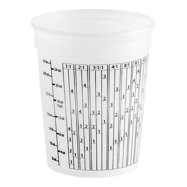 A white plastic Midwest Rake mixing container with measurement markings.