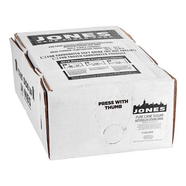 A white Jones box of watermelon vitamin water syrup with black text.