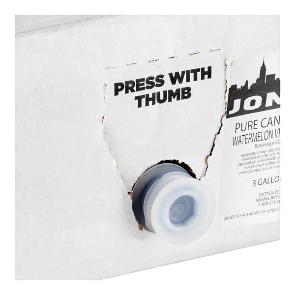 A white box of Jones Watermelon Vitamin Water syrup with a hole in it.