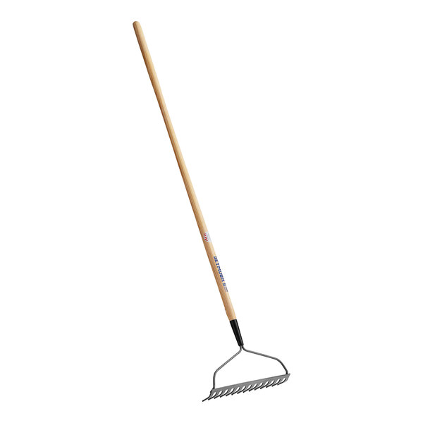 A Seymour rake with a long wooden handle.