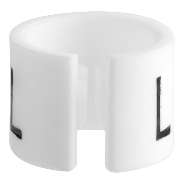 A white rectangular size marker with the letter L in black.