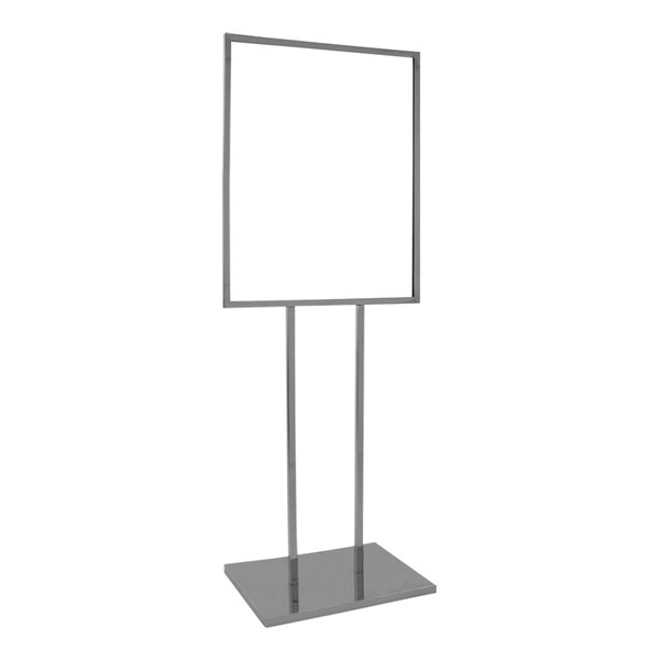 A chrome rectangular base with a twin stem holding a white rectangular sign.