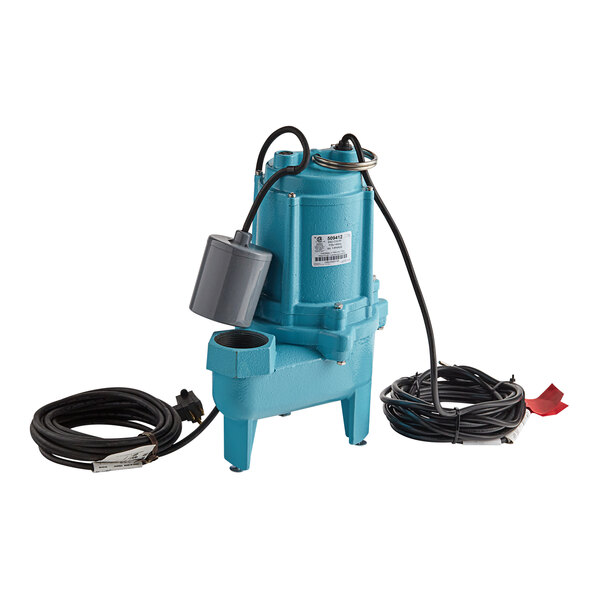 A blue Little Giant 9SC-CIA-RF water pump with black wires.