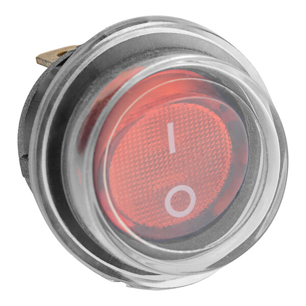 A close-up of a Lavex red rocker switch with white text.