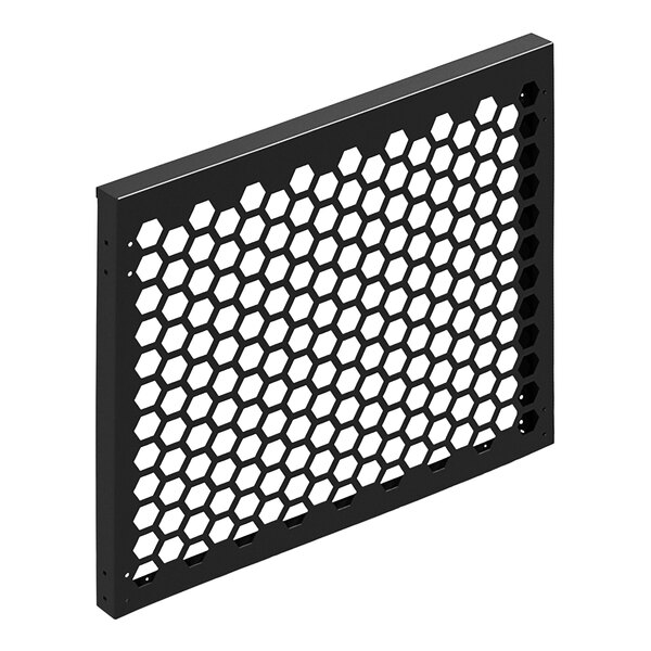 A black metal mesh panel with hexagonal holes.