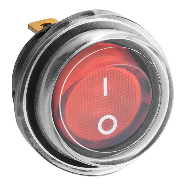 A red and black Lavex rocker switch with white text.