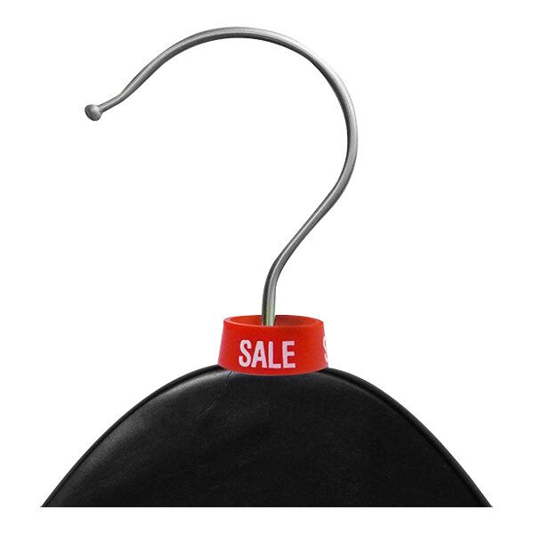 A black hanger with a red label with white "Sale" text on it.