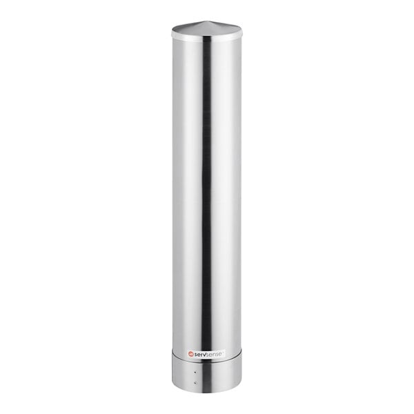A silver stainless steel ServSense cup dispenser.