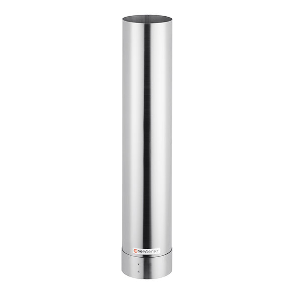 A stainless steel ServSense cup dispenser tube with a metal handle.