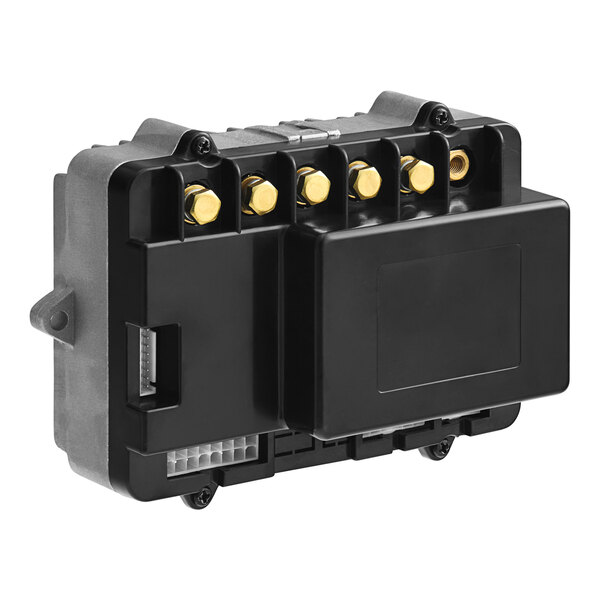 A black Lavex circuit module with gold bolts.