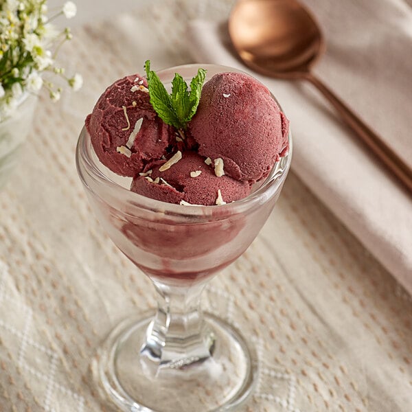 A glass with a scoop of Sambazon Organic Acai Select Blend Sorbet on a spoon.