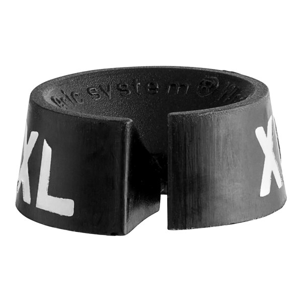 A black rubber size marker with the white letters "XL" on it.