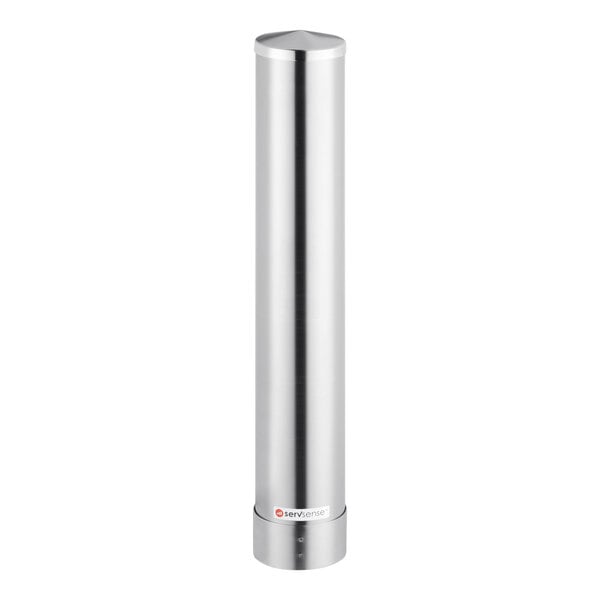 A silver cylindrical stainless steel ServSense cup dispenser.