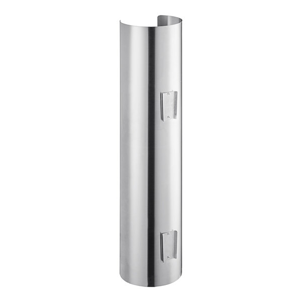 A wall-mount stainless steel split shelf lid organizer with silver tubes.