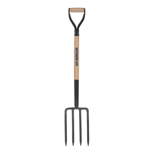 A black and blue Seymour Midwest spading fork with a hardwood handle.