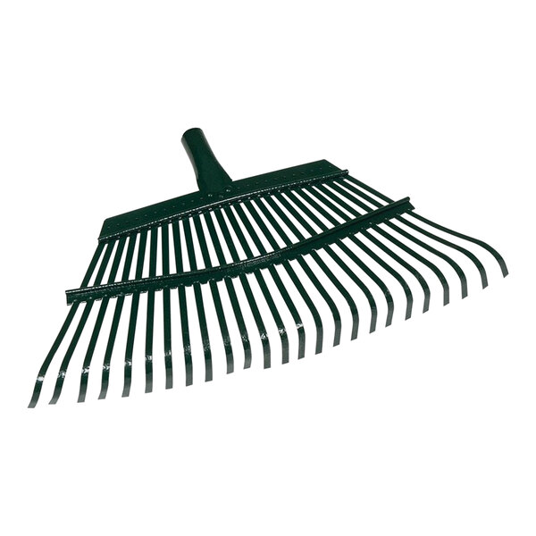 A close-up of a green Seymour Midwest leaf rake head with long metal bristles.