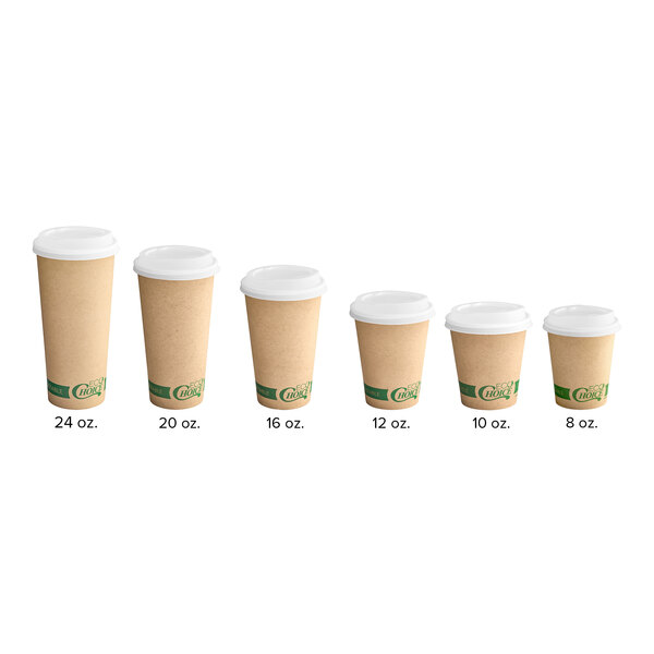 A row of brown EcoChoice paper hot cups with PLA lids.