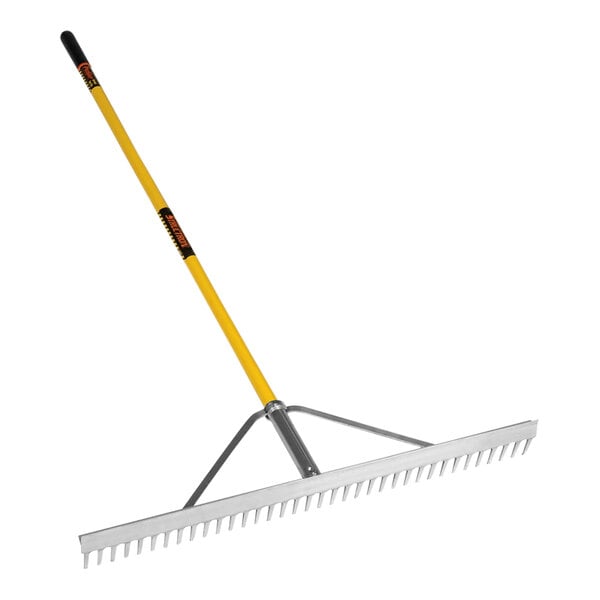 A Seymour Midwest Structron field rake with a yellow handle.