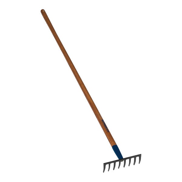 A Seymour Midwest Jobsite level head rake with a wooden handle.