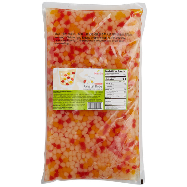 A case of Bossen Rainbow Crystal Boba in syrup with a label.