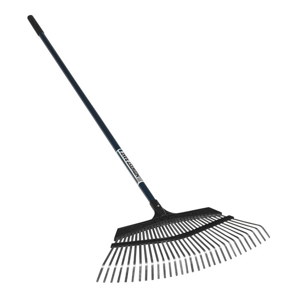 A Seymour Midwest Pro-Flex leaf rake with a long, powder-coated aluminum handle.