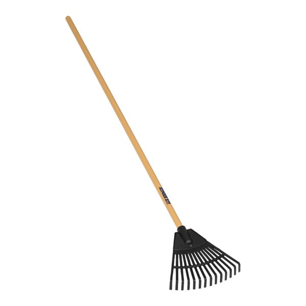 A Seymour Midwest shrub rake with a wooden handle.