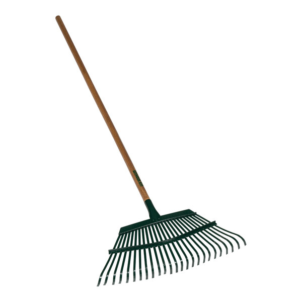 A green Seymour Midwest leaf rake with a wooden handle.