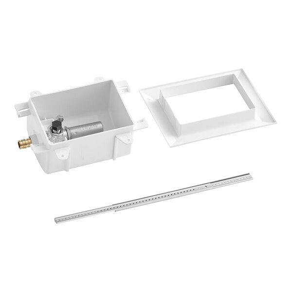 A white rectangular Sioux Chief ice maker outlet box with a metal frame and a piece of metal inside.