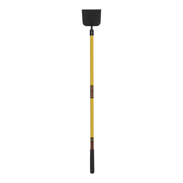 A yellow and black Seymour Midwest Structron snow scraper with a long handle.