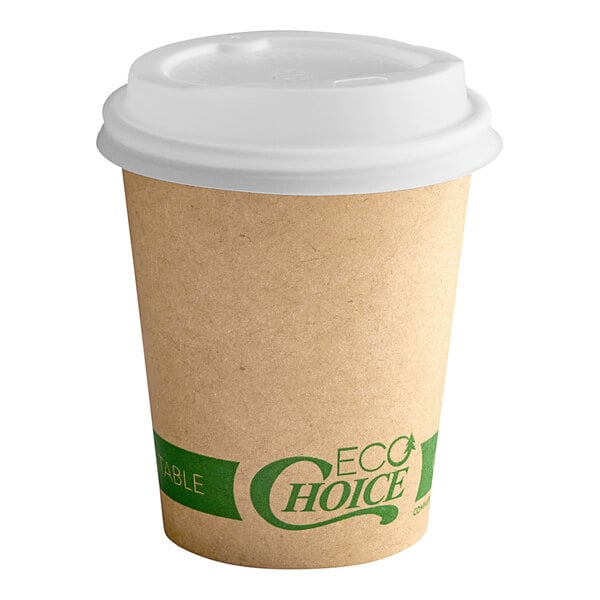 An EcoChoice Kraft paper coffee cup with a PLA lid.