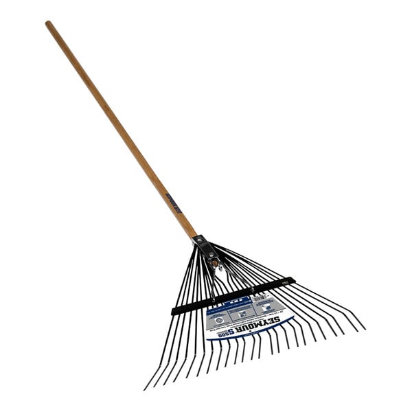 A Seymour Midwest spring brace rake with a wooden handle.