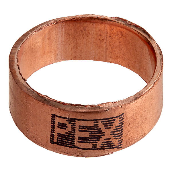 A close up of a copper Sioux Chief PowerPEX crimp ring with the word "PEX" on it.