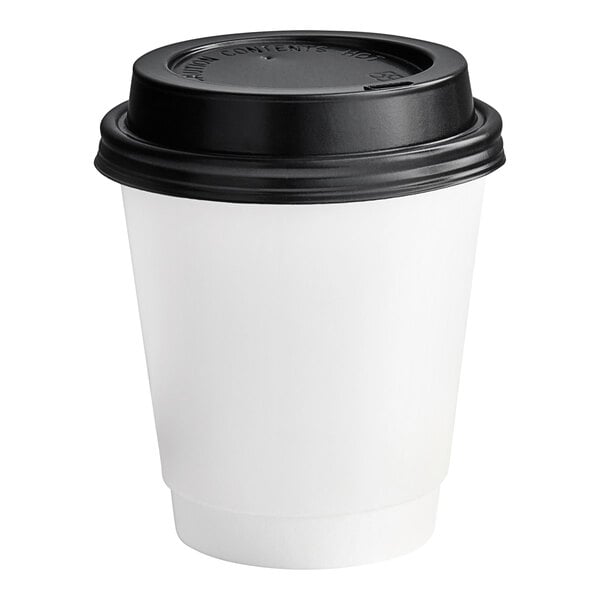 A white Choice paper hot cup with a black lid.