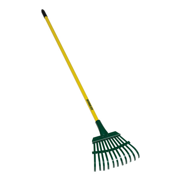 A green and yellow Seymour Midwest shrub rake with a vinyl-coated steel handle.