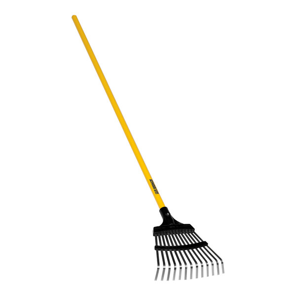 A Seymour Midwest Pro-Flex shrub rake with a yellow handle.