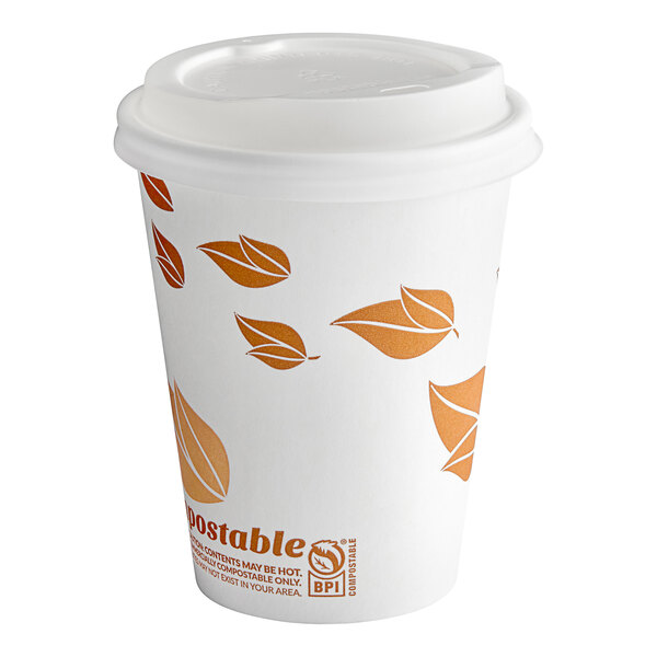 A white EcoChoice paper hot cup with orange leaf print and a PLA lid.