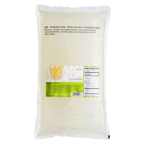 A plastic bag of Bossen Original Crystal Boba in syrup with a yellow and white label.