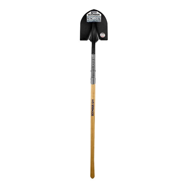 A Seymour Midwest round point shovel with a wooden handle.