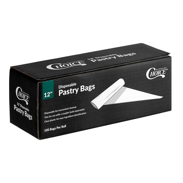 A black box with white text and a white label for Choice 12" Clear Disposable Pastry Bags.