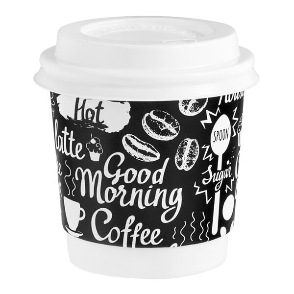 A white Choice Coffee Break paper hot cup with a black lid.