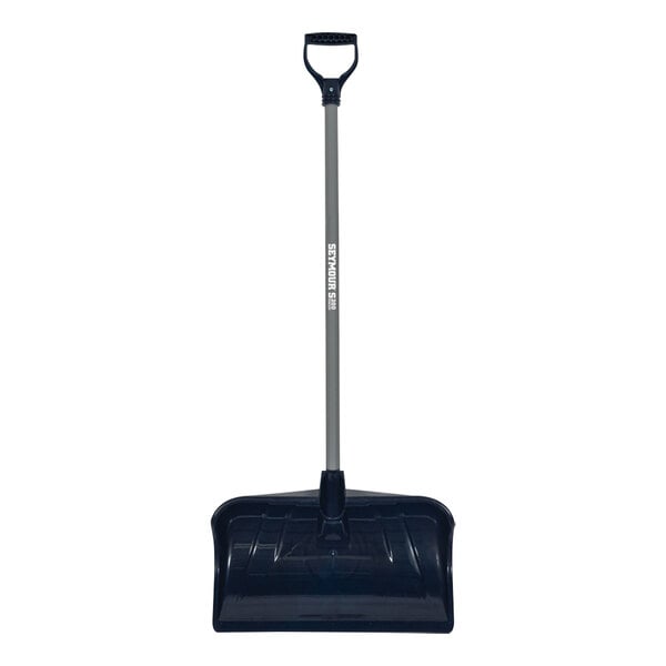 A black and grey Seymour Midwest snow pusher with a long grey pole.