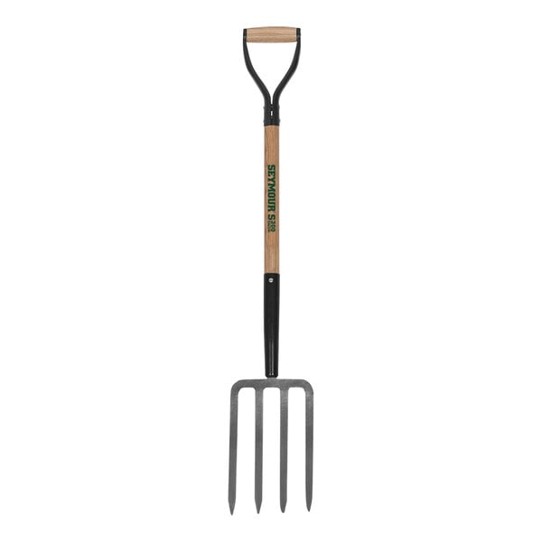 A brown and green Seymour Midwest DuraLite spading fork with a handle.